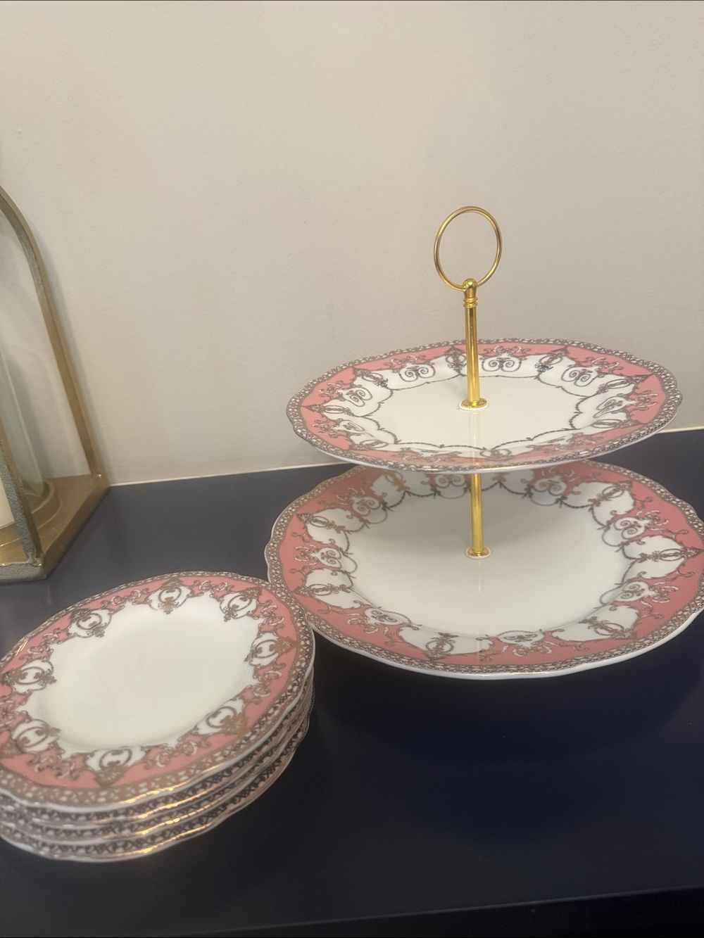 LoveShackFancy Pink and Gold Two-Tier Porcelain Server with Matching Plates